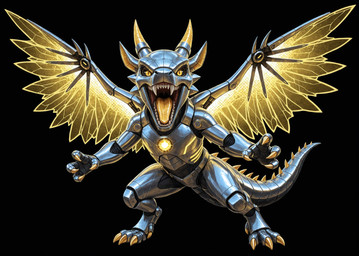 3_toes 4_fingers ambiguous_gender angry anthro black_background black_sclera chrome_body clawed_hands claws cybernetics feet fingers glowing horn horn_crest long_fangs looking_at_viewer machine metallic_body open_mouth pupils roaring segmented_body segmented_tail sharp_claws simple_background slit_pupils solo spiked_tail spikes spikes_(anatomy) spread_wings toe_claws toes tongue winged wings yellow_eyes yellow_wings nightdancer mascot_2025 cyborg kobold robot full-length_portrait hi_res portrait