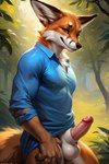 anthro balls clothing fur genitals looking_at_viewer male normalmoniker penis poxel presenting smile solo canid canine fox mammal tail