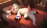 animal_genitalia animal_penis anus bed bedroom blush bodily_fluids bubble claws cute_fangs detailed_background erection eyes_closed fangs fur furniture genital_fluids genital_slit genitals hair inside lying male markings morning_wood nude on_back on_bed penis pillow precum purple_markings semi-anthro sleeping slit smile solo tapering_penis teeth text white_body white_fur sergalbutt digimon digimon_(species) gomamon mammal alternate_version_at_source signature url