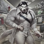 agreenfish anthro big_muscles big_pecs black_hair button_(disambiguation) canid canine canis clothing dress_shirt fur hair inside male mammal muscular muscular_male office pecs shirt solo topwear white_body white_clothing white_fur wolf