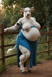 anthro blue_clothing breasts clothing ear_tag exposed_breasts female fence fur hooves horn looking_at_viewer navel neck_tuft nipples outdoors overweight overweight_anthro overweight_female pink_nipples pink_nose plant pregnant solo standing tail_tuft thick_thighs tree tuft white_body white_fur anonymous_director bovid bovine cattle mammal hi_res