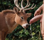 bestiality bodily_fluids brown_body brown_fur cum cum_in_mouth cum_inside duo female feral forest fur genital_fluids genitals human_on_feral interspecies looking_at_genitalia looking_at_penis male male/female penis plant tree cervid human mammal