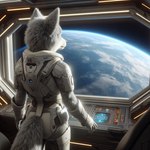 anthro armor clothed clothing control_panel female fur grey_body grey_fur planet rear_view solo space spacecraft spacecraft_interior spacesuit standing vehicle white_clothing window omgechounknown canid canine canis mammal wolf