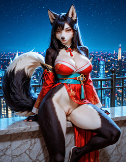 anthro big_breasts black_hair bottomless breasts city city_background clothed clothing dress female fingers front_view fur genitals hair long_hair looking_at_viewer multicolored_body multicolored_fur night no_underwear partially_clothed pussy solo standing denis0k league_of_legends riot_games tencent ahri_(lol) canid canine canis mammal wolf