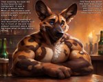 african_wild_dog alcohol anthro bar beer beverage blue_eyes canid canine kaleb male mammal muscular muscular_male smile smiling_at_viewer solo text wetfur_(director)