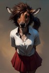 anthro bottomwear brown_hair capreoline cervid clothing female ferox hair hi_res inner_ear_fluff intense_gaze leaning leaning_forward looking_at_viewer mammal ponytail red_bottomwear red_clothing sadie simple_background skirt slim solo solo_focus topwear tuft unbuttoned white-tailed_deer white_clothing white_topwear