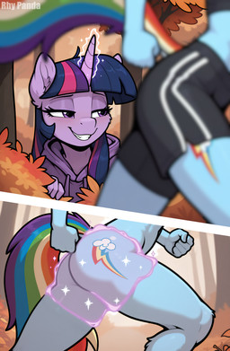 anthro assisted_exposure blue_body bottomless clothed clothing duo female forest hiding magic mischievous_expression outside plant purple_body purple_eyes running tree rhy_panda friendship_is_magic my_little_pony rainbow_dash_(mlp) twilight_sparkle_(mlp) equid equine horse humanoid mammal pony absurd_res comic hi_res