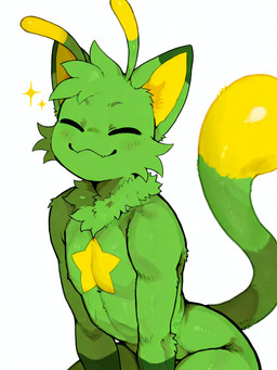 antennae_(anatomy) anthro eyes_closed green_body male markings neck_tuft simple_background solo tail tuft white_background yellow_markings maxoggami roblox gnarpy_(regretevator) alien felid feline mammal hi_res
