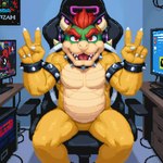 anthro chair claws collar computer furniture hair horn looking_at_viewer male on_chair open_mouth red_eyes red_hair sitting sitting_on_chair solo spiked_collar spikes teeth unknown_director nintendo super_mario_bros bowser koopa scalie digital_media_(artwork) hi_res pixel_(artwork)