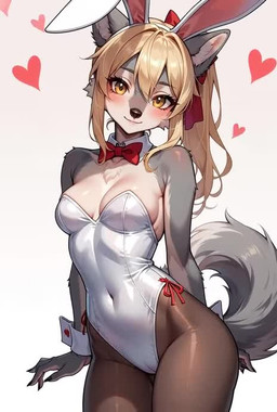 anthro blonde_hair bunny_costume clothing costume fake_ears fake_rabbit_ears female fur golden_eyes grey_body grey_fur hair solo vexy_paws_(director) vexy canid canine canis mammal wolf animated short_playtime webm