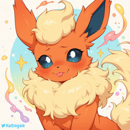 ambiguous_gender anthro blep blonde_hair blue_body blue_eyes blue_fur blush bodily_fluids cheek_tuft ear_tuft facial_tuft fangs fluffy front_view fur hair long_ears long_tail looking_at_viewer neck_tuft orange_body orange_fur short_hair simple_background smile solo sparkles sweat sweatdrop tail teeth tongue tongue_out tuft upper_body white_eyes kaltingale_(director) nintendo pokemon eeveelution flareon generation_1_pokemon pokemon_(species) hi_res portrait signature