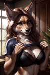 absurd_res anthro big_breasts bra breasts brown_hair canid canine canineluvr19 canis chest_tuft cleavage clothed clothing clothing_lift coyote facial_tuft female hair hi_res inner_ear_fluff long_hair mammal seductive shirt shirt_lift solo solo_focus topwear tuft underwear undressing window