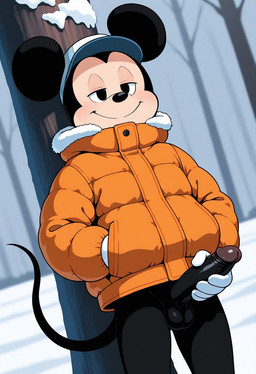 anthro balls black_nose bottomless bottomless_male clothed clothing coat erection foreskin genitals gloves handwear hat headgear headwear holding_penis humanoid_genitalia humanoid_penis male masturbation outside penis plant retracted_foreskin snow snow_on_ground solo topwear tree winter_coat boxen549 disney mickey_mouse mammal mouse murid murine rodent hi_res