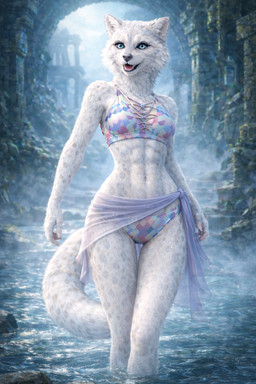 abs anthro athletic bikini clothing fauirien female fur smile solo swimwear translucent translucent_clothing water wet wet_body wet_fur felid mammal pantherine snow_leopard hi_res