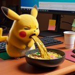 ambiguous_gender bodily_fluids bowl computer_monitor container cup desk food fur furniture generation_1_pokemon keyboard noodles pikachu pokemon pokemon_(species) puke sickness solo table unknown_director vomit yellow_body yellow_fur