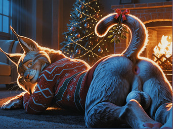 4_fingers anthro anus ball_tuft balls big_balls big_butt bottomless bow_ribbon brick butt butt_focus carpet cheek_tuft christmas_clothing christmas_sweater christmas_topwear christmas_tree clothed clothing dim_lighting ear_tuft facial_markings facial_tuft film_grain fingers fire fireplace fluffy fluffy_balls fur furniture genitals grey_balls grey_body grey_fur head_markings hindpaw inner_ear_fluff inside light living_room looking_at_viewer looking_back looking_back_at_viewer lying male male_anthro markings mistletoe_on_tail moonlight on_front ornaments partially_clothed pattern_clothing pawpads paws picture_frame pink_anus pink_pawpads plant presenting presenting_hindquarters raised_tail rear_view red_clothing red_sweater red_topwear seductive short_tail smile sofa solo string_lights sweater topwear tree tuft wall_(structure) whiskers window yellow_eyes sausagerechts disney zootopia pawbert_lynxley felid feline lynx mammal absurd_res hi_res