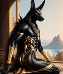 anthro anubian_jackal anubis black_body butt canid canine canis deity egyptian_mythology hair hi_res jackal jewelry long_hair male mammal markings nude river solo