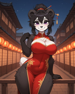 accessory anthro asian_clothing big_breasts black_and_white_fur black_hair black_nose breasts chinese_clothing chinese_dress clothing curvy_figure dress east_asian_clothing fangs female hair hair_accessory hair_bun hairpin lamp lantern looking_at_viewer paper_lantern purple_eyes round_ears short_tail solo teeth voluptuous voluptuous_female sagrael mei_lan_(sagrael) giant_panda mammal ursid absurd_res hi_res