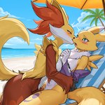 anthro beach beach_chair blush bodily_fluids breasts duo female female/female fluffy fluffy_tail genital_fluids genitals island kiss kissing mature_female neck_tuft palm_tree plant pussy pussy_juice sand sea seaside sparkling_eyes tree tuft water young_female matt3985_(director) phazon digimon nintendo pokemon canid canine delphox digimon_(species) fox generation_6_pokemon mammal pokemon_(species) renamon hi_res