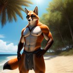 abs anthro beach beach_background bottomwear brown_body brown_fur clothing eyewear fluffy fluffy_tail fur furry_body loincloth long_ears looking_at_viewer male muscular muscular_arms muscular_thighs nipples orange_body orange_fur palms sand seaside smile smiling_at_viewer snout solo sunglasses vulpine white_body white_fur xal-zul_(director) canid canine fox mammal