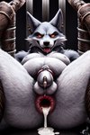 anthro bodily_fluids canid canine canis chastity_cage chastity_device cum cum_inside cumdrip death_(puss_in_boots) director_wreckedwolfart ear_piercing gape genital_fluids leg_up male mammal piercing solo wolf