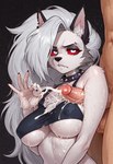 animal_ear_fluff animal_ears animal_nose anthro balls bangs bare_shoulders big_penis black_nails black_sclera blush bodily_fluids body_fur breasts clothed clothed/nude clothed_female_nude_male clothing collar colored_nails colored_sclera covered_nipples crop_top cum cum_on_body cum_on_breasts cum_on_chest cum_on_face cum_on_hand duo ear_piercing ear_ring ejaculation erection fangs female fingernails fur genital_fluids genitals grey_body grey_fur grey_hair hair interspecies jewelry large_breasts long_fingernails long_hair looking_at_viewer makeup male male/female midriff nails navel nipples nude penis piercing raised_hand red_eyes red_sclera ring_piercing shirt sleeveless smile snout solo_focus spiked_collar spikes sweat tail teeth topwear torn_clothes under_boob upper_body white_body white_fur white_hair wolf_ears tricksterfox helluva_boss loona_(helluva_boss) canid canid_demon canine demon hellhound human mammal furry hi_res