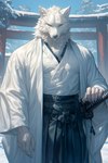 anthro asian_clothing black_bottomwear black_clothing bottomwear chromatic_aberration clawed_hands claws clothed clothing east_asian_clothing finger_claws fur japan japanese_architecture japanese_clothing katana looking_at_viewer male melee_weapon snow solo stern_look sword torii_gate weapon white_body white_clothing white_fur white_skin aikemono canid canine canis mammal wolf hi_res