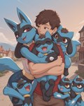 anthro big_breasts breasts embrace family father father_and_child female group happy hug hugging_from_behind interspecies male male/female midriff mother mother_and_child parent parent_and_child smiling_at_another smiling_at_partner koboldcollector nintendo pokemon generation_4_pokemon human lucario mammal pokemon_(species) riolu absurd_res hi_res