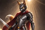 anthro armor cape cloak clothing detailed_fur detailed_lighting dramatic_lighting fox_ears fox_tail fur furgonomics glowing glowing_eyes headgear helmet holding_object holding_sword holding_weapon knight light light_beam locket looking_at_viewer male melee_weapon obscured_face orange_body orange_fur ornate pendant pose red_cape solo sun sunbeam sunlight sword warrior weapon yellow_eyes hokmuto canid canine fox mammal red_fox detailed half-length_portrait hi_res portrait