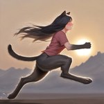 black_body black_fur black_hair bottomless clothed clothing female fur golden_eyes hair long_hair mountains running shirt side_view smile solo sunset topwear director_crashbandit animal_humanoid cat_humanoid felid felid_humanoid feline feline_humanoid humanoid mammal mammal_humanoid novelai