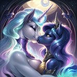 ailex anthro armor blush breasts bust_portrait duo equid equine eyes_closed female female/female horse hugging jewelry kissing mammal night pony portrait princess_celestia_(mlp) princess_luna_(mlp)