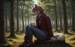 anthro boots clothed clothing female footwear forest forest_background fully_clothed hair holding_mug holding_object mug nature nature_background outside pink_hair plant scarf sitting sitting_on_trunk solo tree white_body traialas melina_(traialas) canid mammal hi_res wallpaper