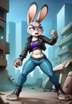 angry anthro belt city city_background clothing destroyed_city ears_up female jacket leather leather_clothing leather_jacket leather_topwear rubber rubber_clothing solo solo_focus standing topwear hank94_(director) zootopia judy_hopps lagomorph leporid mammal rabbit hi_res