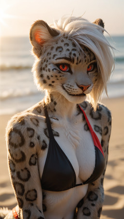 anthro clothing detailed_background female hair realistic realistic_fur realistic_lighting red_eyes short_hair shy smile solo swimwear tomboy white_hair impressively_averag3 felid mammal pantherine snow_leopard hi_res
