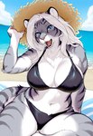 anthro beach big_breasts bikini breasts claws clothing female hair hat headgear headwear long_hair looking_at_viewer open_mouth sand sea seaside sitting solo surfboard swimwear tail teeth thick_thighs tongue water wide_hips homer_26 felid humanoid mammal pantherine snow_leopard hi_res