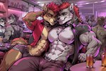 anthro askiewarg big_pecs canid canine canis collar duo girly hatiwarg_fursona male male/male mammal muscular muscular_male pecs red_eyes red_mohawk veiny_arm wolf