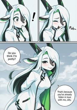 anthro black_nose blush cc-by-sa eyeshadow female green_eyes green_eyeshadow horn makeup open_mouth smile solo tail text libbie_the_spirit_oryx antelope arabian_oryx bovid grazing_antelope mammal oryx 2025 english_text hi_res