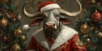 anthro brown_eyes christmas_clothing christmas_headwear christmas_tree clothing fur grey_body grey_fur hat headgear headwear horn male pink_nose plant santa_hat solo solo_focus tree bahufaru balus_bubalis bovid bovine mammal true_buffalo water_buffalo portrait