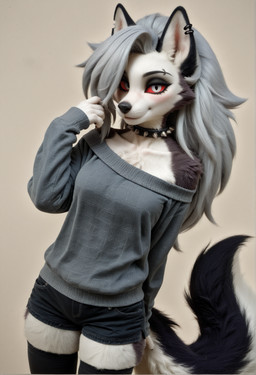 anthro black_clothing black_ears black_legwear black_nose black_pupils black_tail blush breasts clothed clothing denim ear_piercing female fluffy fluffy_fur fluffy_tail fur grey_body grey_fur grey_hair hair inner_ear_fluff jewelry legwear long_hair looking_at_viewer medium_breasts multicolored_body multicolored_fur necklace piercing pink_inner_ear pupils red_sclera short simple_background slit_pupils smile solo sweater tail topwear tuft two_tone_body two_tone_fur two_tone_tail white_body white_fur white_inner_ear_fluff white_pupils white_tail incladenito hellaverse helluva_boss loona_(helluva_boss) canid canid_demon canine canis demon mammal wolf hi_res willysnoobrealism_(model)