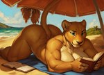 anthro ass_up beach beach_background beach_towel beach_umbrella big_breasts book breasts casual_nudity cloud female mountains muscular muscular_female nude_female outdoor_nudity raised_tail reading sea seaside solo sunbathing towel water anonymous_director nala_(the_lion_king) felid lion mammal pantherine hi_res