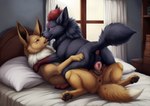 anatomically_correct anatomically_correct_genitalia animal_genitalia animal_pussy anus bed bedroom bedroom_eyes black_body black_fur blush bodily_fluids brown_body brown_fur canid canine canine_genitalia canine_pussy detailed detailed_background detailed_fur director_firewolf duo eevee female female/female feral feral_on_feral from_front_position fur furniture furryrock_(model) generation_1_pokemon generation_5_pokemon genital_fluids genitals hi_res inside kissing laying looking_at_another lying lying_on_bed mammal markings missionary_position narrowed_eyes on_back on_bed pawpads paws penetration pillow pokemon_(species) pussy pussy_juice raised_tail red_markings seductive sex spread_legs spreading tongue tongue_out vaginal vaginal_penetration window zorua