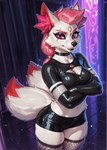 anthro arms_crossed armwear athletic belly black_lips bottomwear breasts choker clothing elbow_gloves eye_scar eyeshadow facial_scar female fishnet fishnet_armwear fishnet_clothing fishnet_legwear fishnet_topwear fox_spirit fur gloves hair handwear inner_ear_fluff jewelry latex legwear lips makeup multi_tail navel necklace pink_eyes pink_hair scar shirt short_hair shorts slim slim_female small_breasts solo standing strip_club tail tank_top thick_thighs topwear tuft white_body white_fur wide_hips chamir136_(director) kimiko_(fortnite) canid canine fox humanoid mammal hi_res