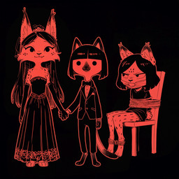 anthro ball_gag barefoot biped black_tie_(suit) bob_cut bound bowtie chair clothing dress feet female frown furniture gag group hair hand_holding inner_ear_fluff long_hair male minimalist prick_ears simple_background smile suit tied_to_chair tied_up trio tuft wedding_attire wedding_dress anonymous_director invoke_high felid feline mammal 1:1 hi_res