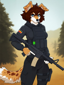 belgian blue_eyes brown_body brown_fur brown_hair bulletproof_vest countershade_torso countershading dipstick_tail female flag frown fur gun hair holding_gun holding_object holding_weapon looking_at_viewer m4a1 markings multicolored_body multicolored_fur outside plant radio ranged_weapon rifle scowl serious solo tactical_gear tail_markings tree weapon krickracsac canid canine canis domestic_dog herding_dog mammal pastoral_dog absurd_res hi_res watermark