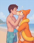 beach bodily_fluids brown_hair clothing cloud countershading dripping_chin duo eyes_closed female feral fin fur hair holding_face kissing male male/female orange_body orange_fur pale_skin plant puffed_cheeks sand sea seaside sky standing surprise sweat sweatdrop swimming_trunks swimwear tan_body tan_fur tree water wide_eyed verbotenvertex nintendo pokemon floatzel generation_4_pokemon human lutrine mammal mustela mustelid musteline pokemon_(species) true_musteline absurd_res hi_res