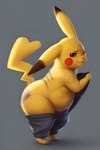 absurd_res anthro bottomwear clothing female fur generation_1_pokemon hi_res looking_at_viewer overweight overweight_anthro overweight_female pants pikachu pokemon pokemon_(species) seductive short_stack smile smirk solo splice undressing yellow_body yellow_fur