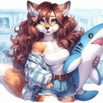 anthro breasts canid canine clothed clothing dall-e_3 director_sunshine female fox fully_clothed fur hair looking_at_viewer mammal plushie smile solo