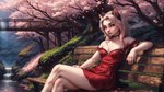 absurd_res anthro bench bottomwear cherry_blossom choker clothing dress ears_up female firemetal grass hi_res jewelry leaf looking_at_viewer loona_(helluva_boss) mammal necklace park petals plant red_clothing red_dress river sitting_on_bench skirt solo tree waterfall