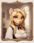 anthro blonde_hair breasts cleavage clothed clothing female hair jewelry looking_at_viewer red_eyes solo victorian verbotenvertex mila_minx mammal mink mustelid musteline true_musteline absurd_res headshot_portrait hi_res painting_(artwork) portrait traditional_media_(artwork)