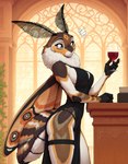 alcohol antennae_(anatomy) beverage black_clothing black_dress breasts brown_body clothed clothing container cup detailed_background dress drinking_glass female fingers fur glass glass_container glass_cup holding_object insect_wings inside neck_tuft non-mammal_breasts orange_body side_boob solo standing suprise tuft underwear white_body white_fur wine wine_glass wings anotheranon arthropod insect lepidopteran moth absurd_res hi_res